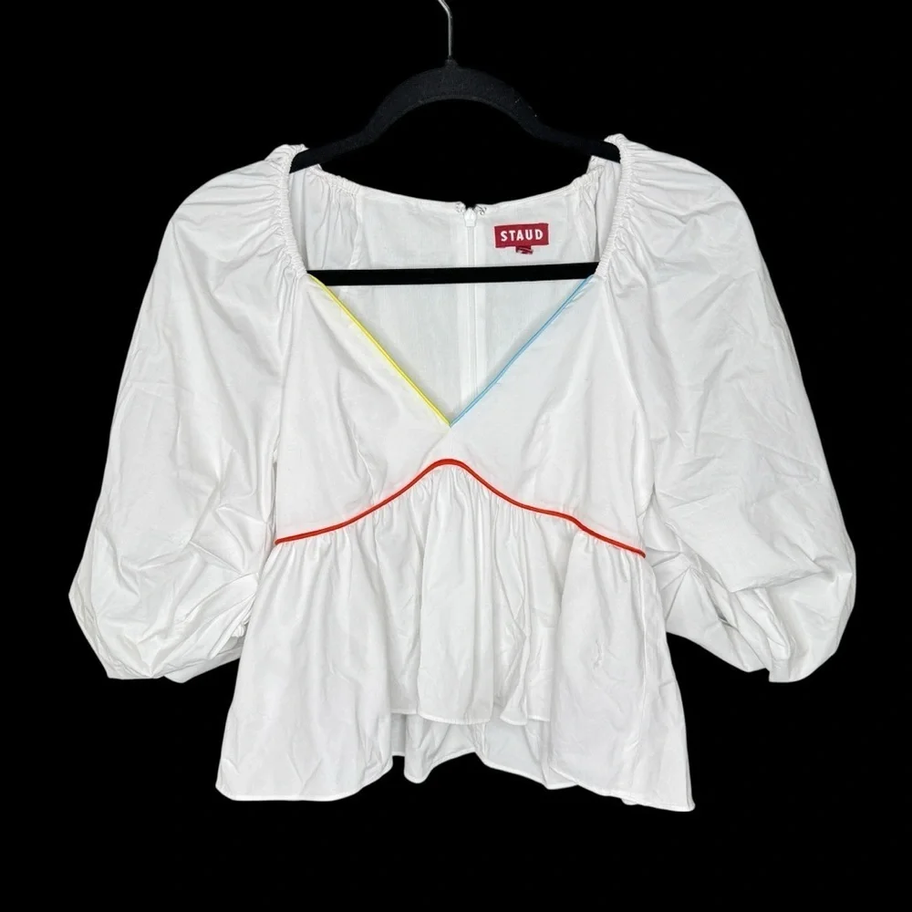 STAUD Women’s Crisp White Puff Sleeve Dani Blouse Empire Waist Top Sz 0